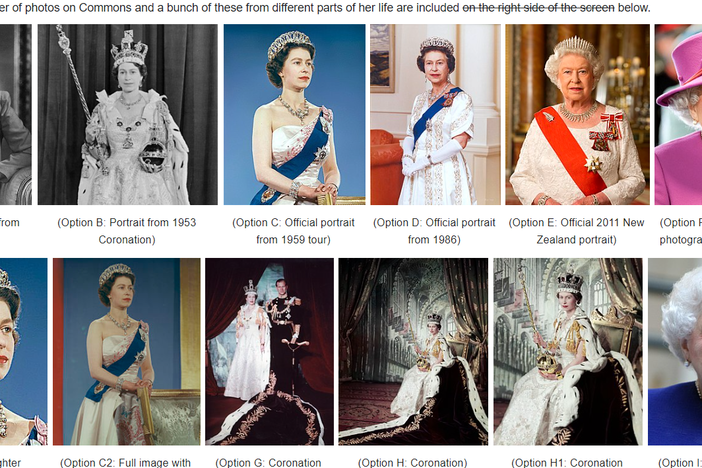 After Queen Elizabeth II's death was announced, Wikipedia editors discussed which historical photo to use for her page.