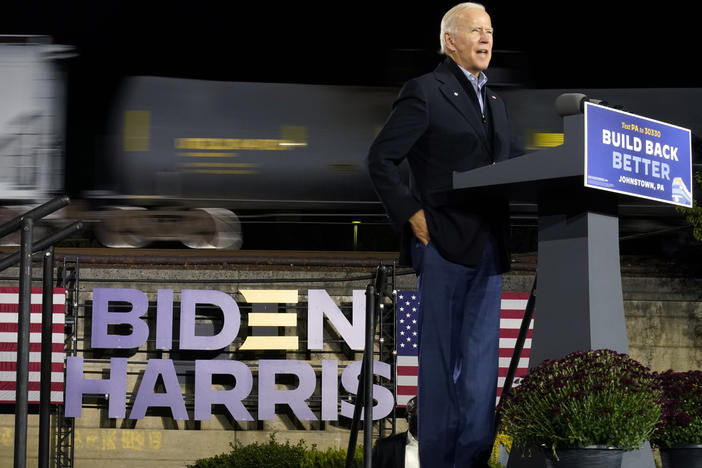 Then-Democratic presidential candidate Joe Biden speaks at the Amtrak Johnstown Train Station, Sept. 30, 2020, in Johnstown, Pa.