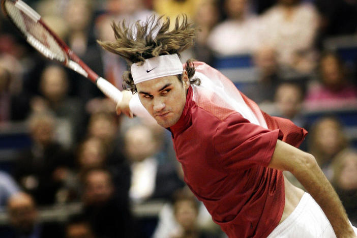 <strong>February 18, 2005:</strong> Swiss Roger Federer returns to Russian Nikolay Davydenko in the quarter final of the ABN AMRO World Tennis Tournament in Rotterdam.