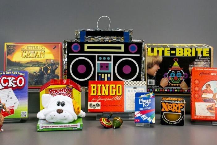 The 12 finalists for this year's induction to the National Toy Hall of Fame: bingo, Breyer Horses, Catan, Lite-Brite, Masters of the Universe, Nerf toys, piñatas, Phase 10, Pound Puppies, Rack-O, Spirograph and the spinning top.