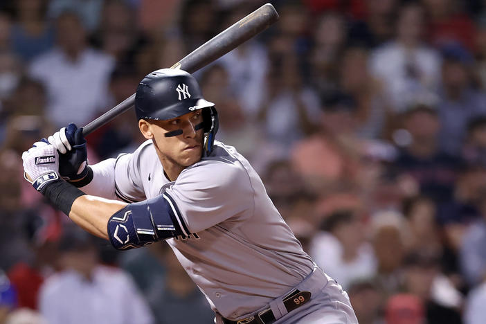 Aaron Judge #99 of the New York Yankees at bat against the Boston Red Sox during the fifth inning at Fenway Park on September 14, 2022 in Boston, Massachusetts.
