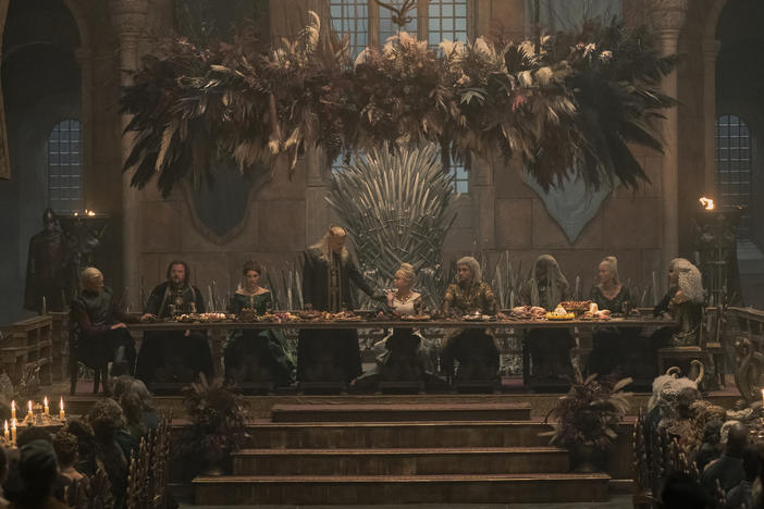 The bride and doom of Valyria: (L-R) Matt Smith, Gavin Spokes, Emily Carey, Paddy Considine, Milly Alcock, Theo Nate, Steve Toussaint, Eve Best, Wil Johnson, Savannah Steyn.