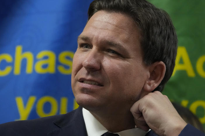 Florida Gov. Ron DeSantis during a press conference announcing expanded toll relief for Florida commuters, Wednesday, Sept. 7, 2022, in Miami, Fla.