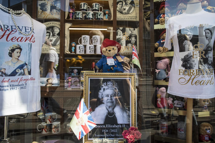 Souvenir shops sell memorabilia of the late Queen Elizabeth II near Buckingham Palace in London.