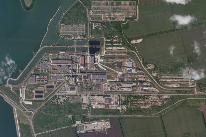 This satellite image from Planet Labs PBC shows the Pivdennoukrainsk Nuclear Power Plant, also known as the South Ukraine Nuclear Power Plant, in the southern Mykolaiv region of Ukraine in May. A Russian missile strike hit a facility close to the nuclear power plant on Monday.