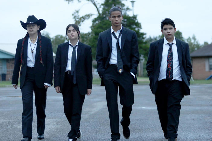 Paulina Alexis, Devery Jacobs, D'Pharaoh Woon-A-Tai, and Lane Factor play the title characters in <em>Reservations Dogs</em>, a series about teenagers living on a reservation in Oklahoma.