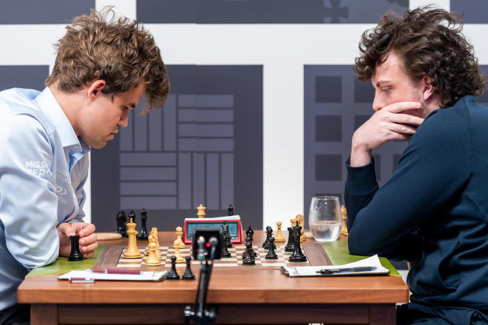 Magnus Carlsen (left) and Hans Niemann face off at the Sinquefield Cup in St. Louis on Sept. 4. The two had a rematch on Monday, but Carlsen only played one move before resigning from the game.