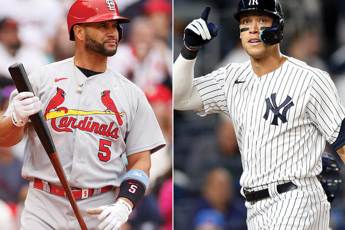 Albert Pujols (left) has been a superlative hitter over 22 seasons, putting him near 700 career home runs. Aaron Judge (right) is just shy of breaking the American League home run record.
