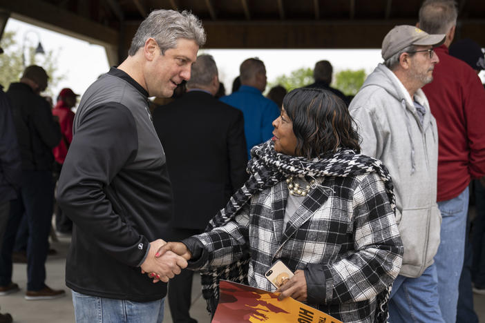 U.S. Rep. Tim Ryan, Democratic candidate for U.S. Senate in Ohio, greets supporters during a rally on May 2, 2022 in Lorain, Ohio.