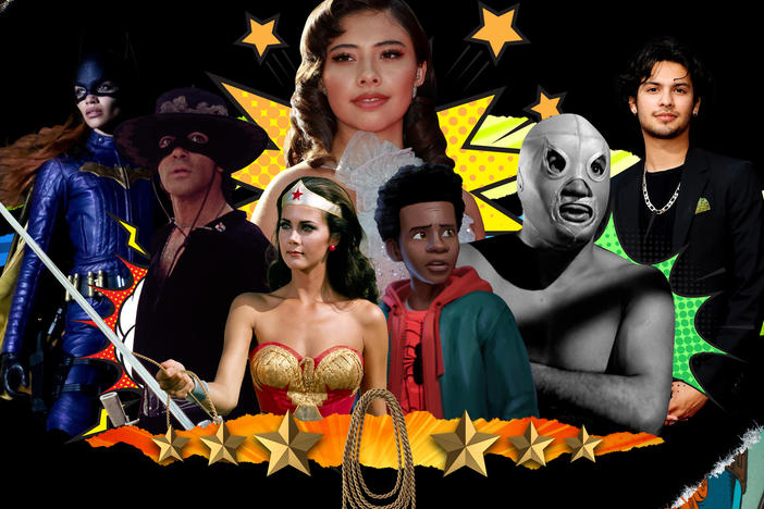 Leslie Grace (left), Antonio Banderas, Lynda Carter, Xochitl Gomez, Miles Morales (voiced by Shameik Moore), El Santo and Xolo Maridueña have played or are in production to play superheroes.