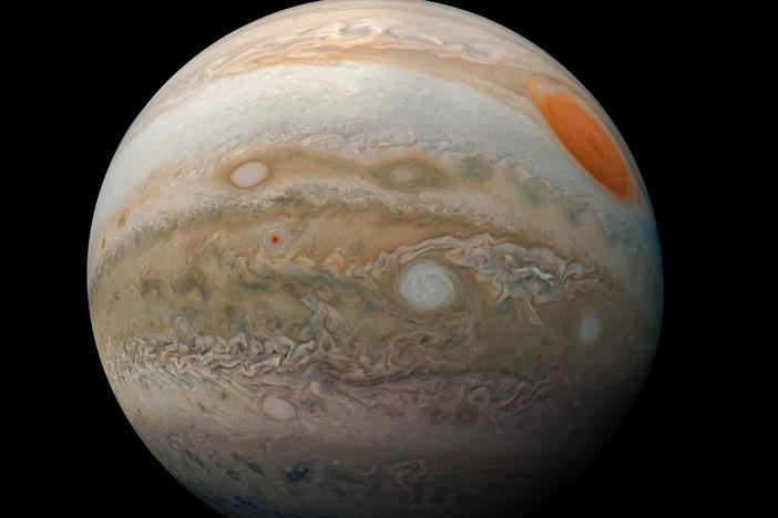 A view of Jupiter's Great Red Spot and turbulent southern hemisphere was captured by NASA's Juno spacecraft in 2019.