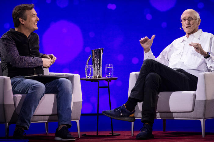 Chris Anderson interviews Stewart Brand (right) at TED2017.