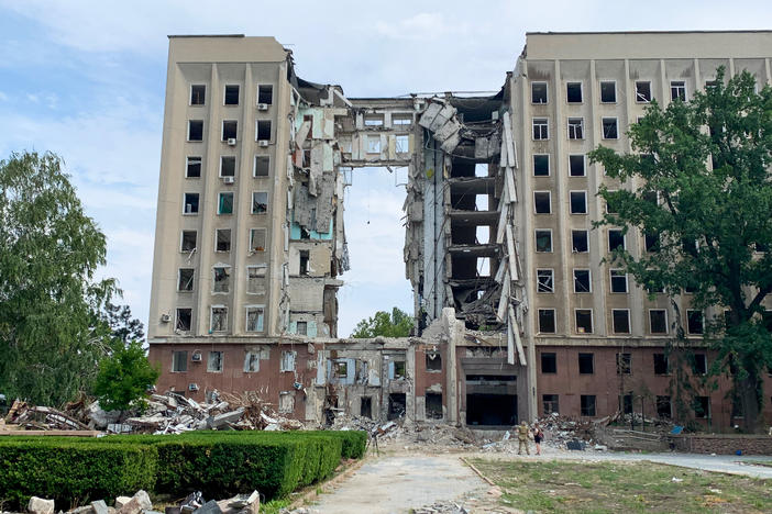 The building housing Mykolaiv's regional government, bombed early in the war, lies in ruins on Aug. 11. Governor Vitaliy Kim says he knew he was the target "because it was my window." Thirty-seven of his colleagues died in the bombing.