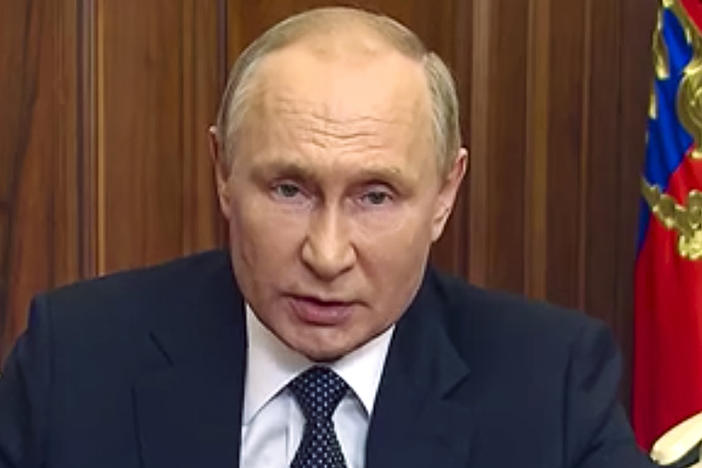 In this image made from video released by the Russian Presidential Press Service, Russian President Vladimir Putin addresses the nation in Moscow, Russia, Sept. 21, 2022.