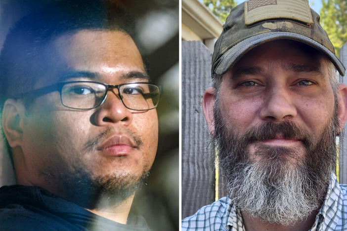U.S. military veterans Andy Huynh, left, and Alexander Drueke. The two veterans, who disappeared while fighting Russia with Ukrainian forces on June 9, have been released after about three months in captivity, relatives said Wednesday, Sept. 21.