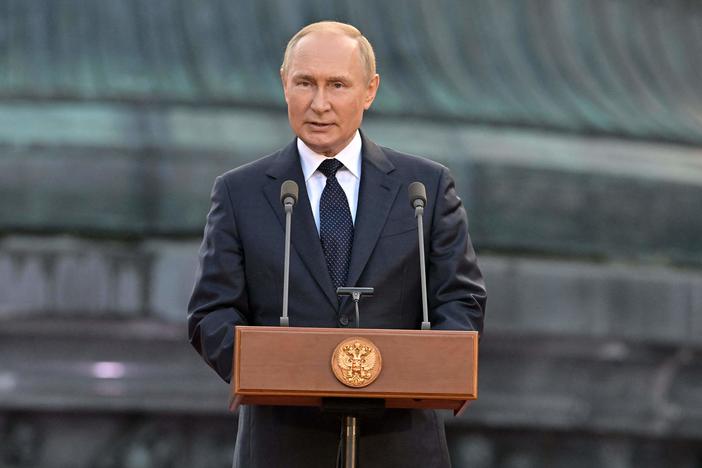 Russian President Vladimir Putin gives a speech Wednesday at a ceremony. In separate remarks, Putin said Russia will mobilize additional troops to fight in Ukraine and he expressed support for referendums in parts of Ukraine on joining Russia.