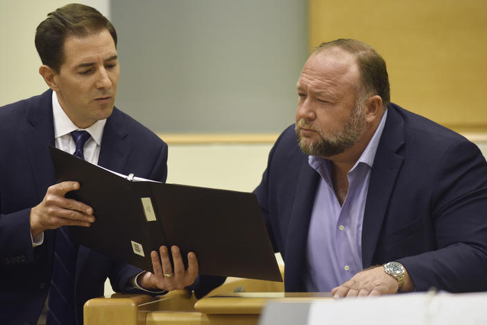 Plaintiff's attorney Chris Mattei (left) questions Alex Jones on Thursday at Jones' trial to determine defamation damages in Waterbury, Conn.