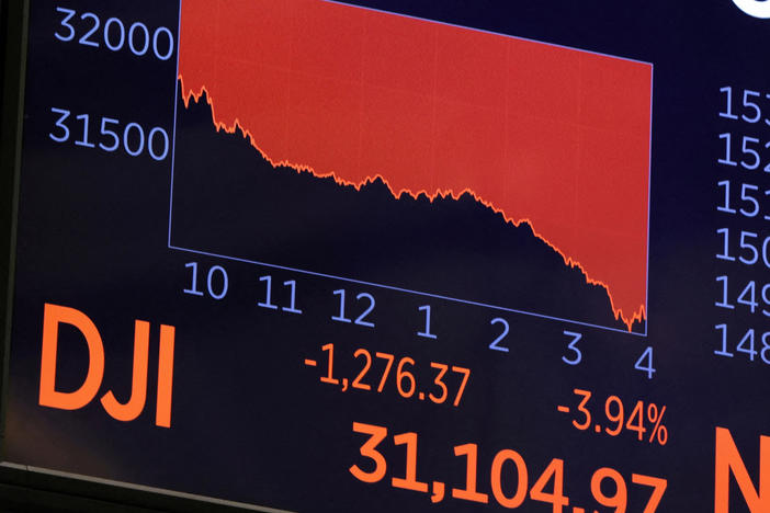 A screen on the trading floor displays the Dow Jones Industrial Average at the New York Stock Exchange in September. Stocks have kept falling since then and hit their low for the year on Friday.