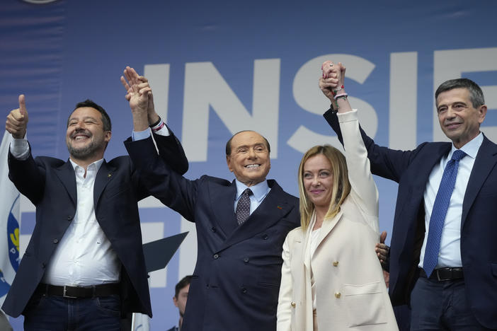 From left, The League's Matteo Salvini, Forza Italia's Silvio Berlusconi, Brothers of Italy's Giorgia Meloni and Noi Con l'Italia's Maurizio Lupi attend the center-right coalition closing rally in Rome on Thursday. If polling is correct, Italians will elect their country's most right-wing government since the end of World War II on Sunday.