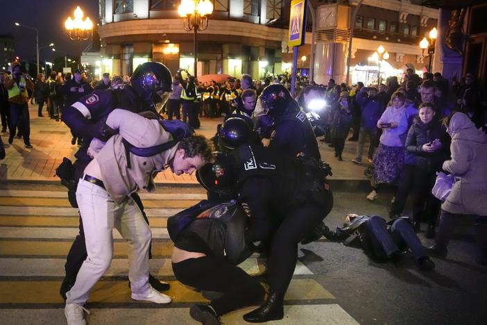 Riot police detain demonstrators during a protest against mobilization in Moscow on Wednesday. Russian President Vladimir Putin ordered a partial mobilization of reservists in Russia, effective immediately.