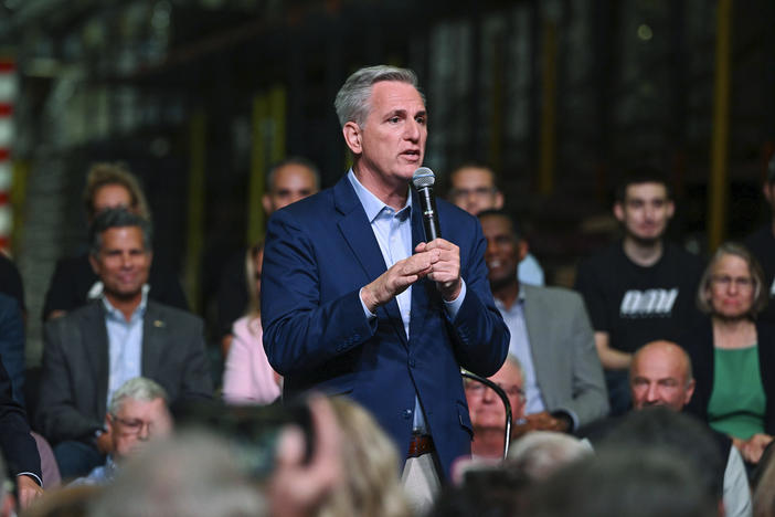 House Minority leader Kevin McCarthy speaks in Monongahela, Pa., on Friday, about Republicans' agenda if they regain control of the House in the midterm elections.