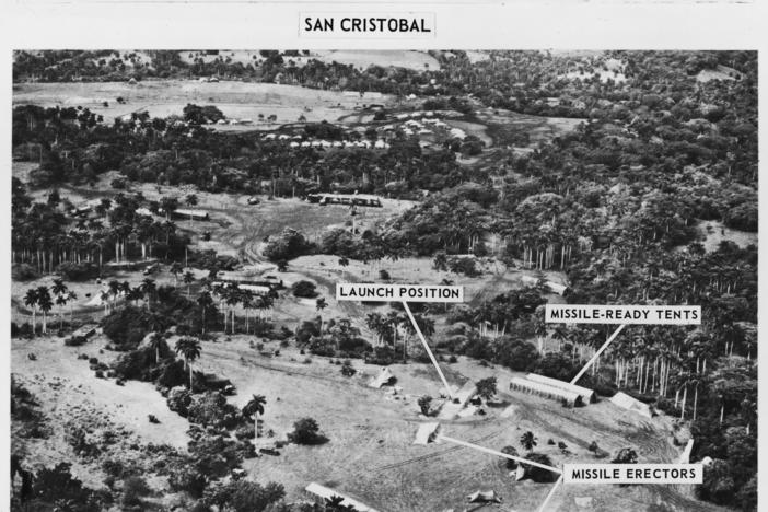 A U-2 spy photo shows a medium-range ballistic missile base in San Cristobal, Cuba, with labels detailing various parts of the base in October 1962.