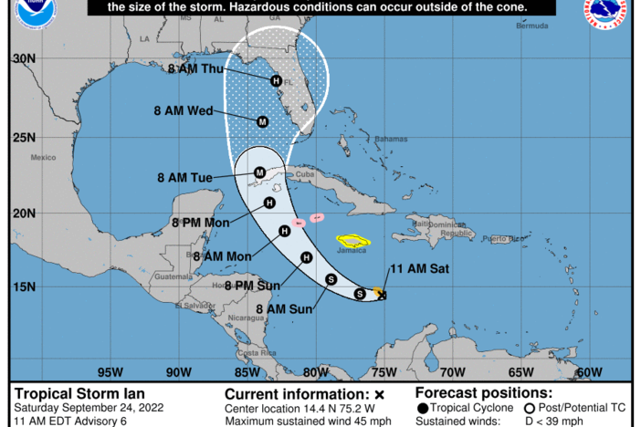 An image from the National Oceanic and Atmospheric Administration shows the projected path of Tropical Storm Ian.