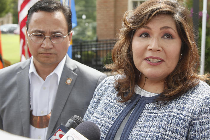 Kimberly Teehee, right, and Cherokee Nation principal chief Chuck Hoskin Jr. speak to the media in 2019 after Hoskin nominated Teehee to be the Cherokee Nation's first delegate to Congress.