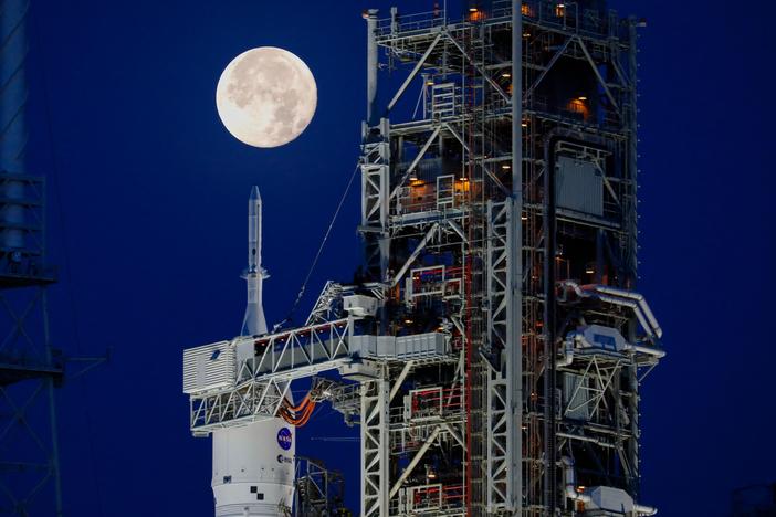 NASA's Artemis 1 Moon rocket sits at Launch Pad Complex 39B at Kennedy Space Center, in Cape Canaveral, Fla., on June 15.