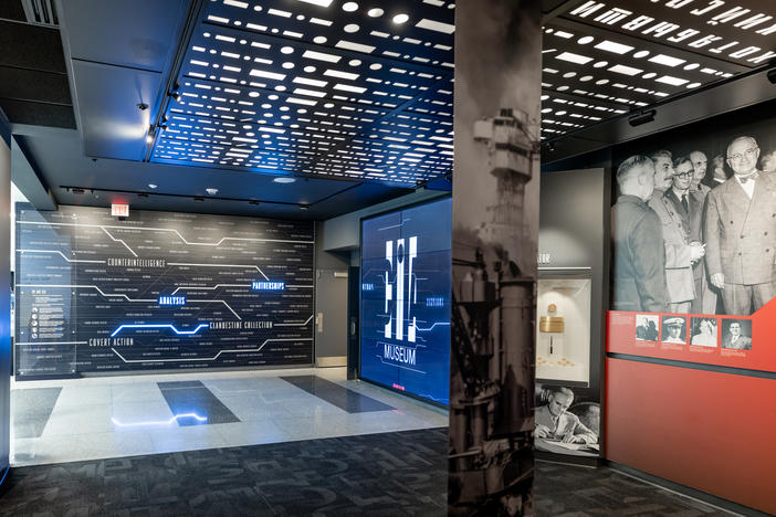 The entrance to the newly renovated CIA museum at the agency headquarters in Langley, Va. The ceiling features a variety of spy codes. This one is in Morse Code. The CIA plans to put them all online to see if they can be broken.