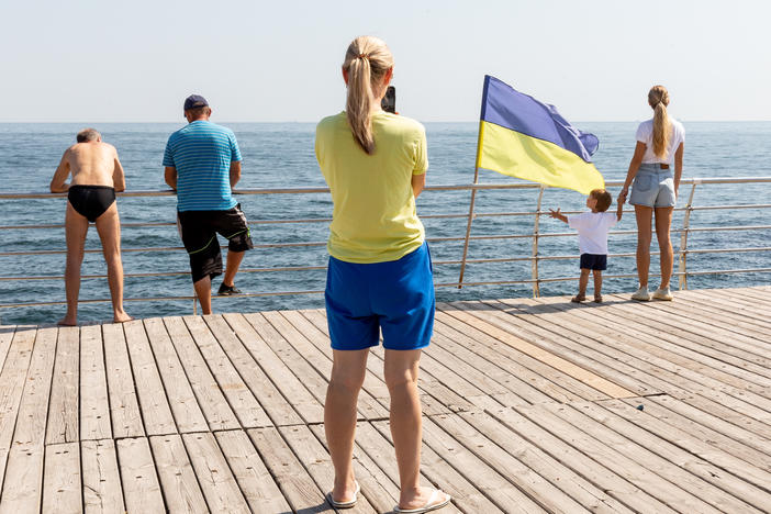 Tourists by the boulevard at a Black Sea resort in Odesa, Ukraine, on Sept. 3. Tourists are not allowed to enter the public beach due to the presence of land mines and other explosives.