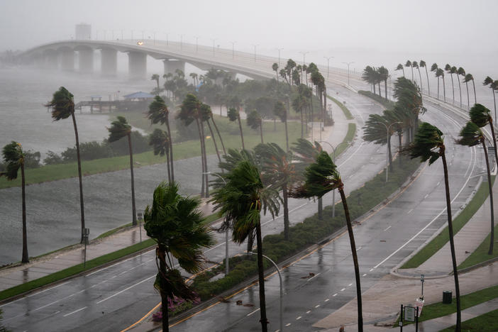 Wind gusts blow across Sarasota Bay as Hurricane Ian churns to the south on Wednesday in Sarasota, Fla.