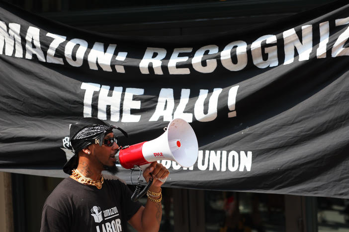 Amazon Labor Union President Chris Smalls speaks at a New York rally on Sept. 5. The company had fired Smalls from its Staten Island warehouse after he helped lead a pandemic-era walkout.