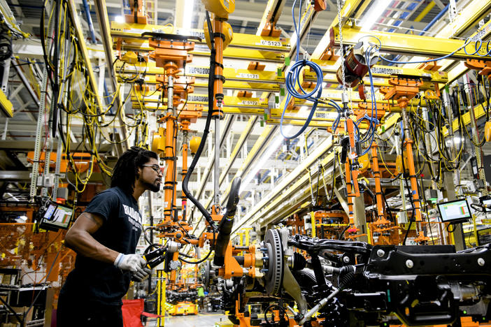 Jaylin Jones, 28, an assembly floor technician, while working on the assembly line at the Ford Rouge Electric Vehicle Center in Dearborn, Mich., on September 7th, 2022.