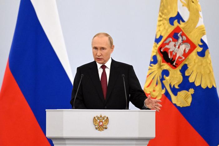 Russian President Vladimir Putin gives a speech during a ceremony formally annexing four regions of Ukraine Russian troops occupy, at the Kremlin in Moscow on Friday.