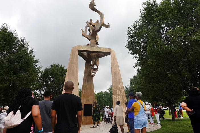 A ceremony to dedicate a monument to journalist, educator, and civil rights leader, Ida B. Wells is held on June 30, 2021 in the Bronzeville neighborhood of Chicago. The monument was created by sculptor Richard Hunt.