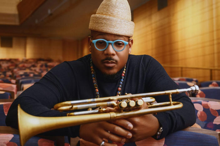 Composer and trumpeter Etienne Charles, in a portrait taken inside the newly renovated David Geffen Hall at Lincoln Center.