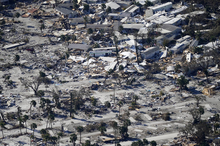 In this aerial photo made in a flight provided by mediccorps.org, damage from Hurricane Ian is seen on Estero Island in Fort Myers Beach, Fla., on Friday.