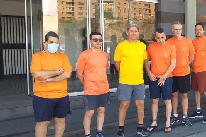 This undated photo shows oil executives Jose Angel Pereira, from left to right, Gustavo Cardenas, Jorge Toledo, Jose Luis Zambrano, Tomeu Vadell and Alirio Jose Zambrano in Caracas, Venezuela. The five men were among the seven Americans released by Venezuela as part of a swap with the U.S. government.
