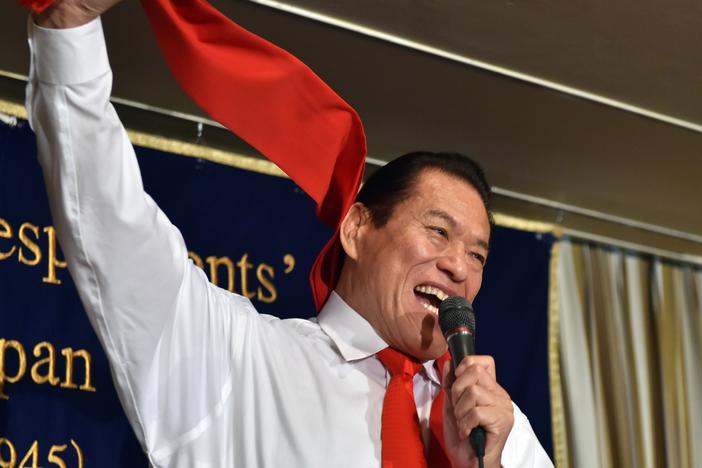 Former professional wrestler Antonio Inoki shouts at a press conference in Tokyo on August 21, 2014.