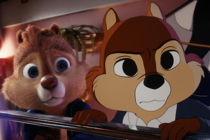 Dale (voiced by Andy Samberg) and Chip (voiced by John Mulaney) in<em> Chip 'N Dale: Rescue Rangers</em> on Disney+.