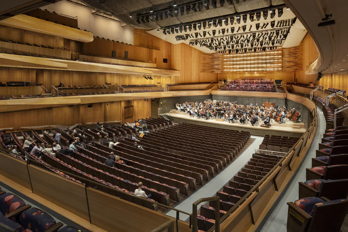 The new interior of David Geffen Hall, during a New York Philharmonic tuning session.