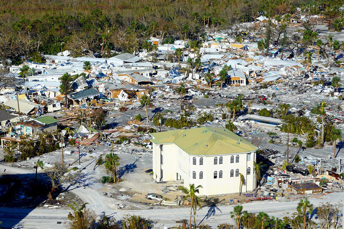 The devastation on Fort Myers Beach is clear in a view south of Matanzas Pass Preserve.