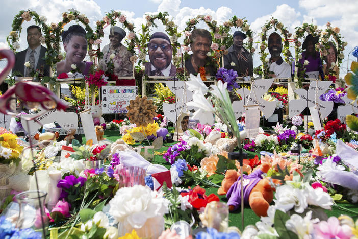 Justice Department's Civil Rights Division announced a new initiative to combat unlawful acts of hate in the Western District of New York. Here, a memorial for the supermarket shooting victims is set up outside the Tops Friendly Market on Thursday, July 14, 2022, in Buffalo, N.Y.