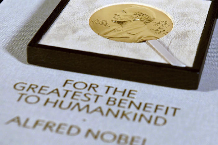 A Nobel diploma and medal are displayed, Tuesday, Dec. 8, 2020, during a ceremony in New York.