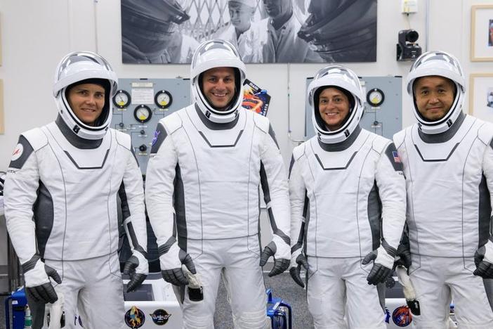 Nicole Mann (second from right) is scheduled to be the mission commander on the SpaceX Dragon spacecraft on Wednesday.