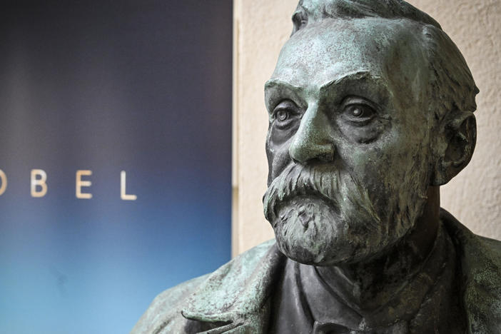 A bust of Alfred Nobel on display at the Karolinska Institute in Stockholm, Sweden, on Monday, Oct. 3, 2022.