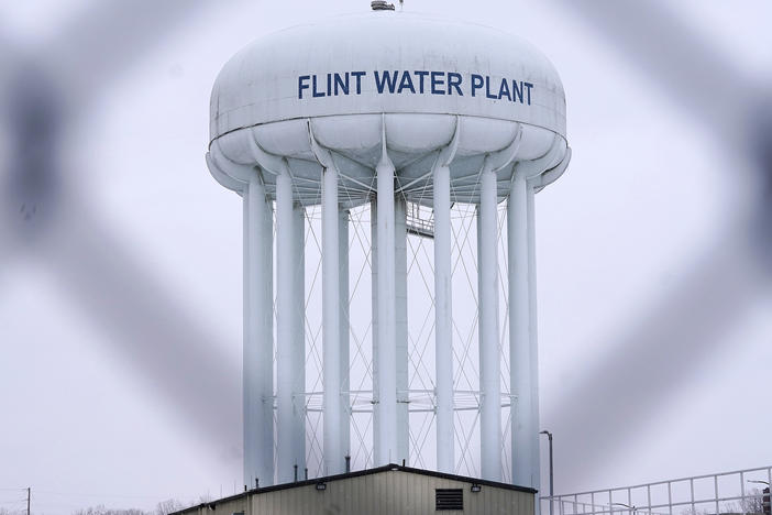 The Flint water plant tower is seen on Jan. 6, 2022, in Flint, Mich.