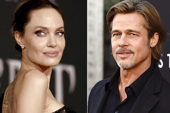 This combination photo shows Angelina Jolie and Brad Pitt at separate movie events in September 2019. A new court filing from Angelina Jolie alleges that on a 2016 flight, Brad Pitt grabbed her by the head and shook her then choked one of their children and struck another when they tried to defend her.