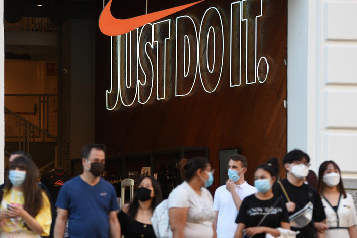 The Just Do It logo seen at a store on Gran Via street in Madrid.